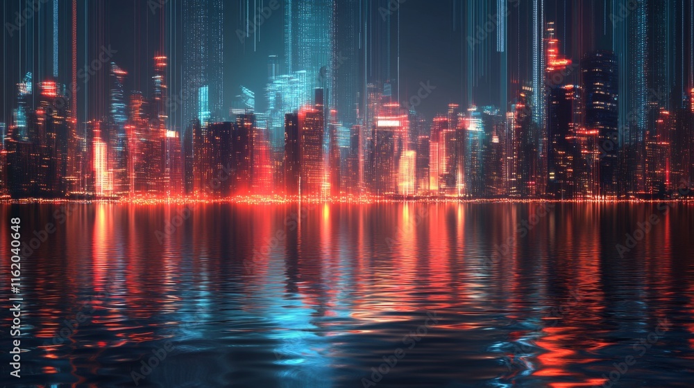 Fototapeta premium Futuristic city skyline reflected in water at night.