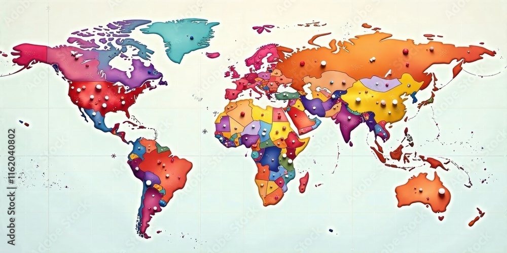 Fototapeta premium Colorful World Map with Push Pins Representing Global Connections and International Collaboration