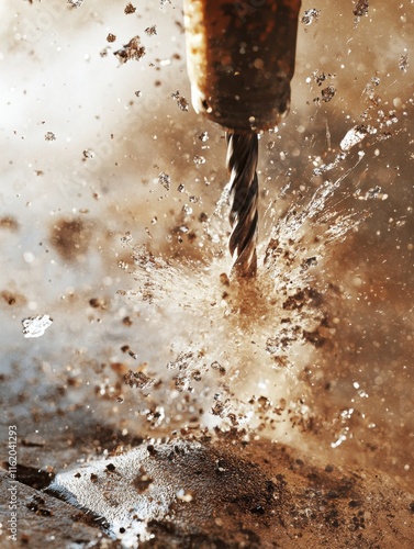 A drill bit is spinning in the air, creating a cloud of dust and debris