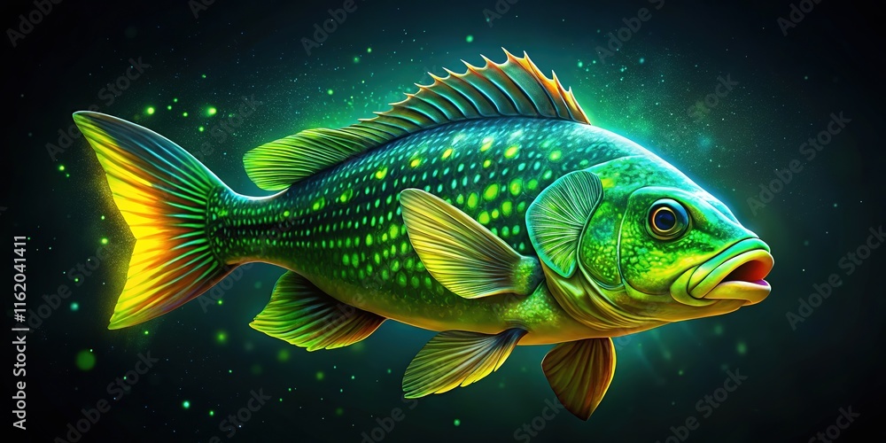Fototapeta premium Night-dwelling fish, glowing green-yellow body, captivating shot.