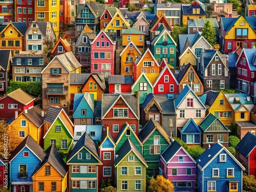 Panoramic AI photo of urban homes with geometric patterns.  Modern housing designs.