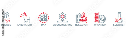Biotechnology banner web icon vector illustration concept with icon of science, laboratory, dna, bioengineering, research, organism, and scientist