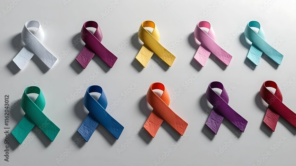 Set ribbon all cancers. Cancer awareness ribbons isolated on white background cut out Set ribbon all cancers. Cancer awareness ribbons isolated on white background cut out