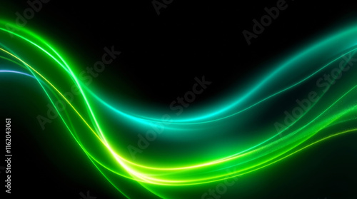 Green and teal light trails flowing on black background