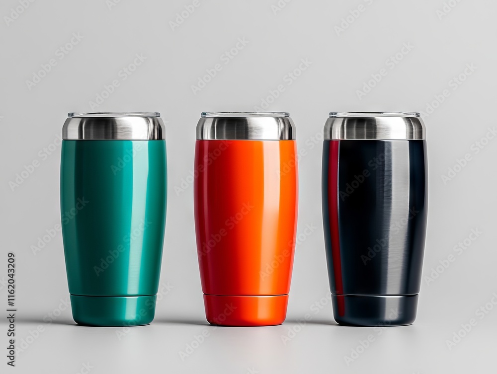 Three stainless steel tumblers in different colors Three stainless steel tumblers in different colors