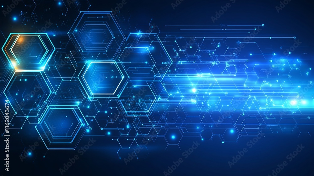 Fototapeta premium Abstract digital background with hexagonal shapes and blue light effects.