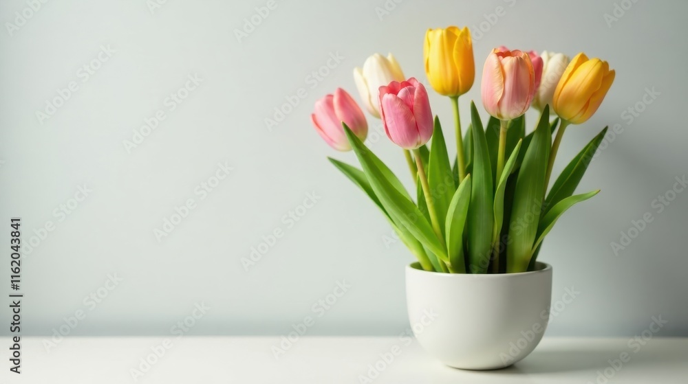 A delightful arrangement of pastel tulips in a simple white bowl, set against a serene light gray background, offers a peaceful and cheerful springtime scene. A delightful arrangement of pastel tulips in a simple white bowl, set against a serene light gray background, offers a peaceful and cheerful springtime scene.