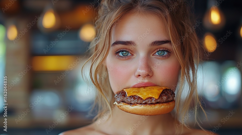 Young woman with blue eyes biting into a cheeseburger. Young woman with blue eyes biting into a cheeseburger.