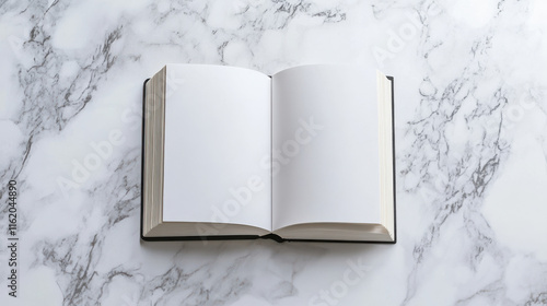 A minimalist stock photo of an open book on a pure white marble surface, surrounded by soft, diffused lighting that emphasizes clarity and tranquility. The bookâ€™s blank pages reflect a serene simpli photo