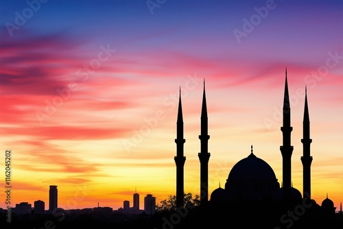 Silhouette Mosque Sunset Cityscape Vibrant Sky Colorful photo