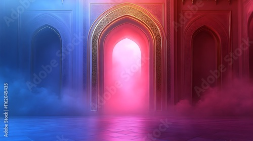 Ornate Archway Illuminated By Pink And Blue Light