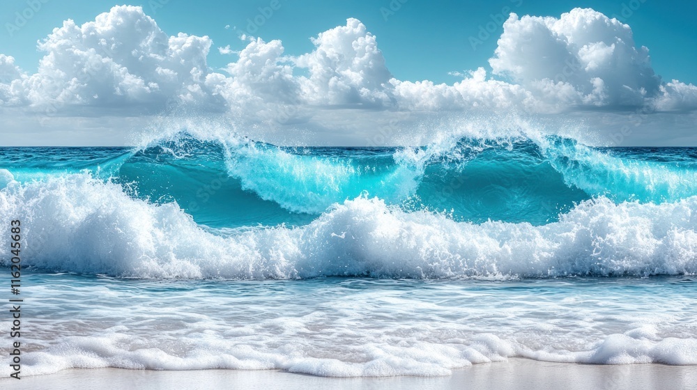 Turquoise ocean waves crashing on sandy beach under a bright sky. Turquoise ocean waves crashing on sandy beach under a bright sky.