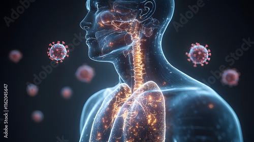 A man's body is shown with a virus in the background. The man's body is made of blue and red, and the virus is shown in red. Scene is serious and ominous