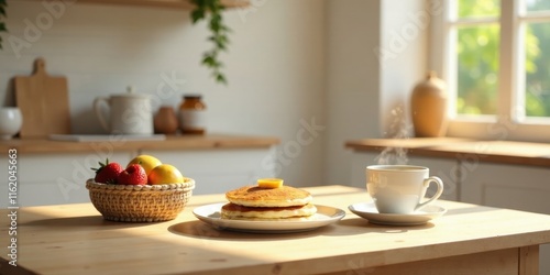 Wallpaper Mural A sunlit kitchen table scene featuring a delightful breakfast of fluffy pancakes topped with a pat of butter, accompanied by a steaming cup of coffee and a bowl of fresh strawberries and lemons. Torontodigital.ca