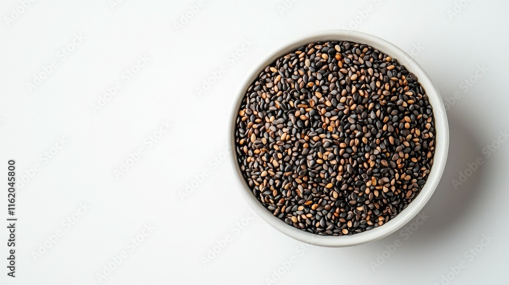 A circular bowl filled with a variety of small, dark seeds is placed on a white background, showcasing their texture and color contrast. A circular bowl filled with a variety of small, dark seeds is placed on a white background, showcasing their texture and color contrast.