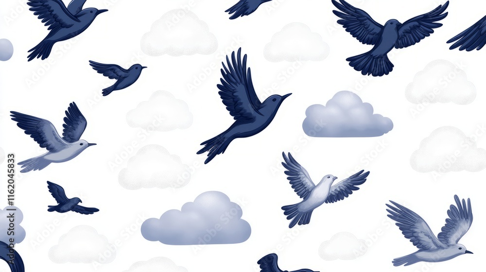 Obraz premium Blue Birds Soaring Through Cloudy Skies