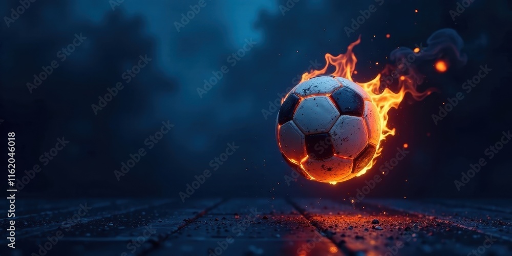 Fototapeta premium Fiery Soccer Ball Descends Upon Dark Wooden Surface, Embers Glow, Nighttime Setting, Dramatic Lighting, Intense Action Shot