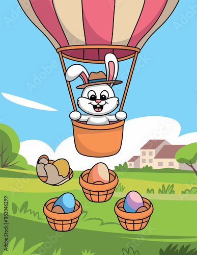 Cute Easter Bunny in Hot Air Balloon Dropping Eggs