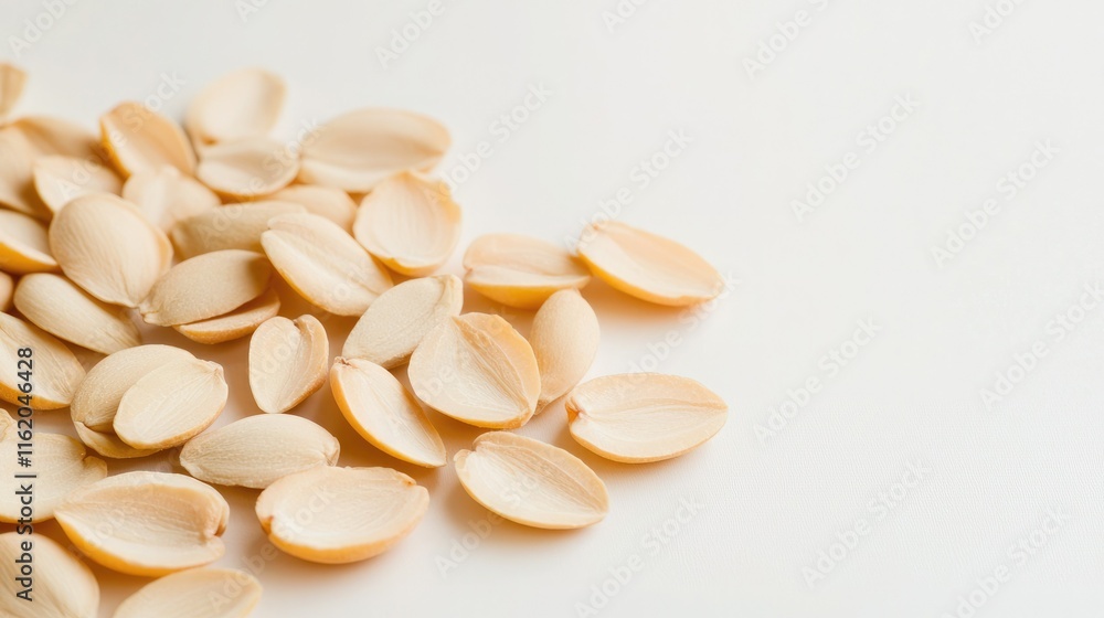 A close-up view of scattered light-colored seeds on a neutral background, showcasing their smooth surfaces and natural shapes. A close-up view of scattered light-colored seeds on a neutral background, showcasing their smooth surfaces and natural shapes.