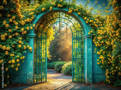 Surreal teal gate, jasmine blooms bright yellow, a trellis dreamscape. photo