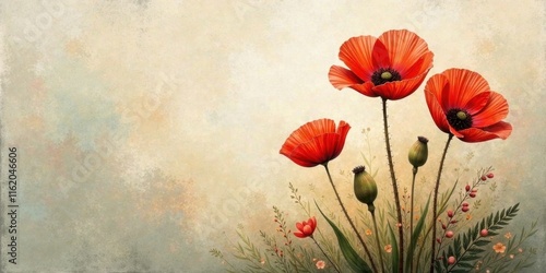 Artistic Rendering of Vivid Red Poppies in a Soft, Textured Meadow Setting