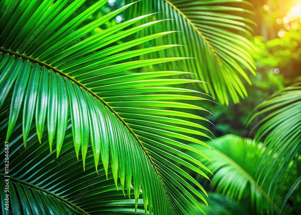 Fototapeta premium Tropical palm leaf pattern, lush green backdrop. Room for your text or design.