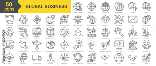 Global Business icon collection set. Containing globalization, outsourcing, multinational corporation, global market, export, import, supply chain, tariffs, agreement, trade icon. Simple line vector