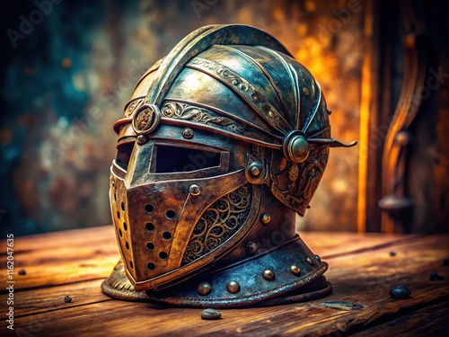 Vintage, weathered knight helmet; candid shot, aged metal. photo