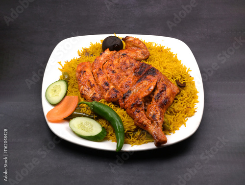 Alfahm grill fried chicken majboos rice in a white ceramic plate in a dark background