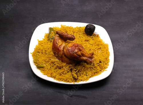 Shawai fried chicken majboos rice in a white ceramic plate in a dark background