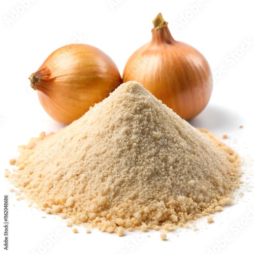 Fresh whole Onion and powder with Textured Details Isolated on White Background