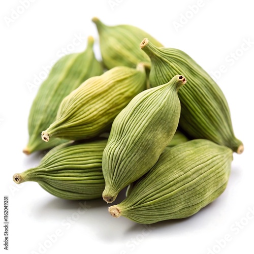 Green Cardamom Pods with Textured Details Isolated on White Background