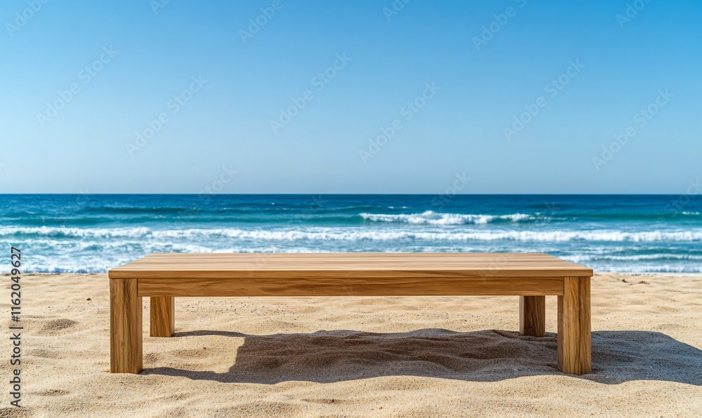 A wooden table on a sandy beach with ocean waves in the background. A wooden table on a sandy beach with ocean waves in the background.