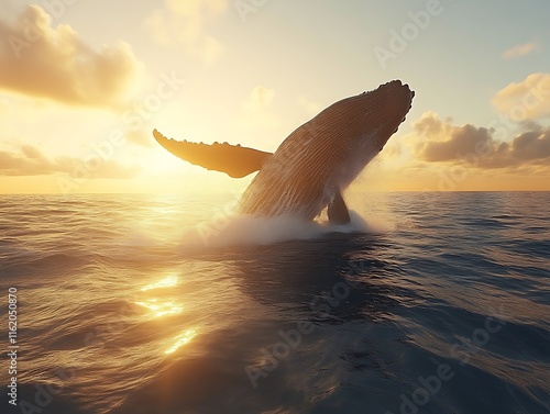 Majestic Whale Breaching at Sunset: A Golden Hour Ocean Scene photo