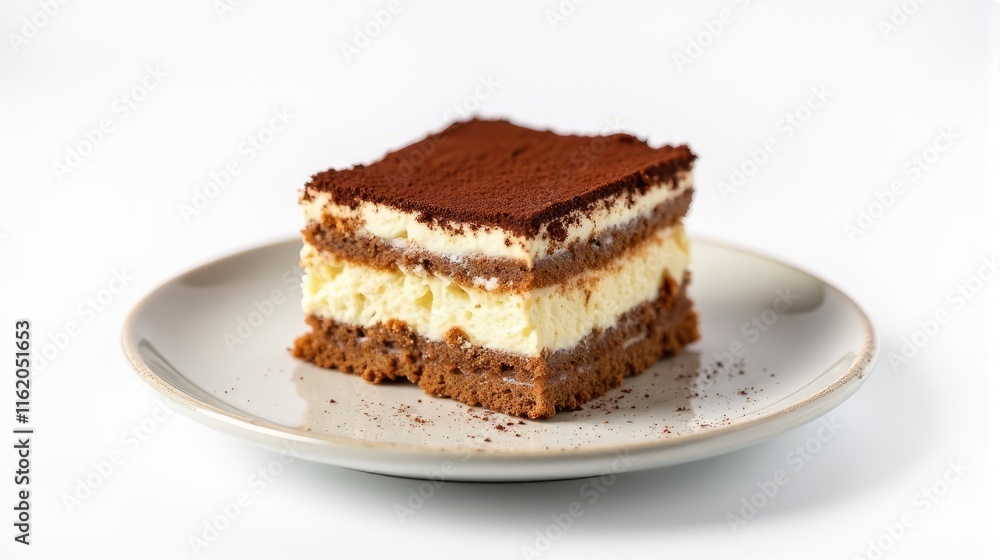 Delicious Slice of Tiramisu on a White Plate in a Studio Shot. Delicious Slice of Tiramisu on a White Plate in a Studio Shot.