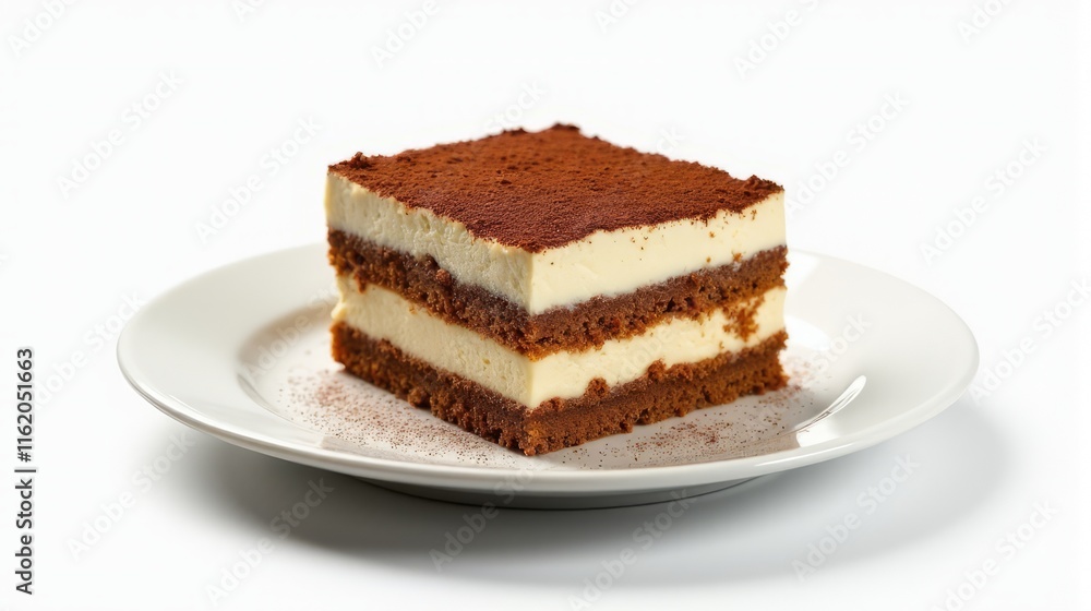 Delicious Slice of Tiramisu on a White Plate in a Studio Shot. Delicious Slice of Tiramisu on a White Plate in a Studio Shot.