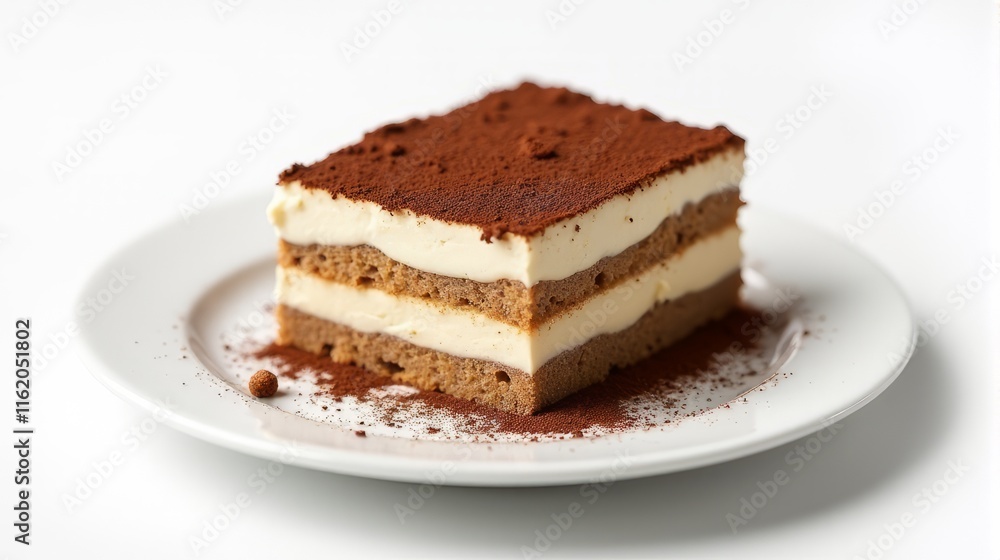Delicious Slice of Tiramisu on a White Plate in a Studio Shot. Delicious Slice of Tiramisu on a White Plate in a Studio Shot.