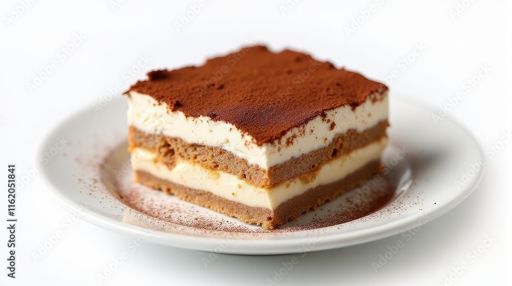 Delicious Slice of Tiramisu on a White Plate in a Studio Shot. Delicious Slice of Tiramisu on a White Plate in a Studio Shot.