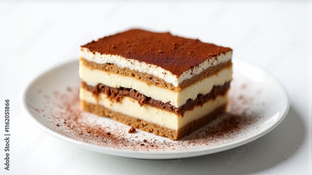 Delicious Slice of Tiramisu on a White Plate in a Studio Shot. Delicious Slice of Tiramisu on a White Plate in a Studio Shot.
