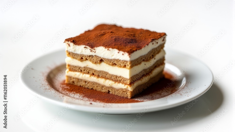 Delicious Slice of Tiramisu on a White Plate in a Studio Shot. Delicious Slice of Tiramisu on a White Plate in a Studio Shot.