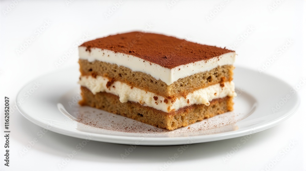 Delicious Slice of Tiramisu on a White Plate in a Studio Shot. Delicious Slice of Tiramisu on a White Plate in a Studio Shot.