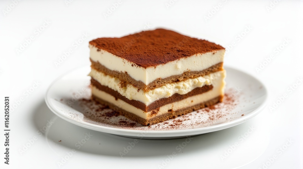 Delicious Slice of Tiramisu on a White Plate in a Studio Shot. Delicious Slice of Tiramisu on a White Plate in a Studio Shot.