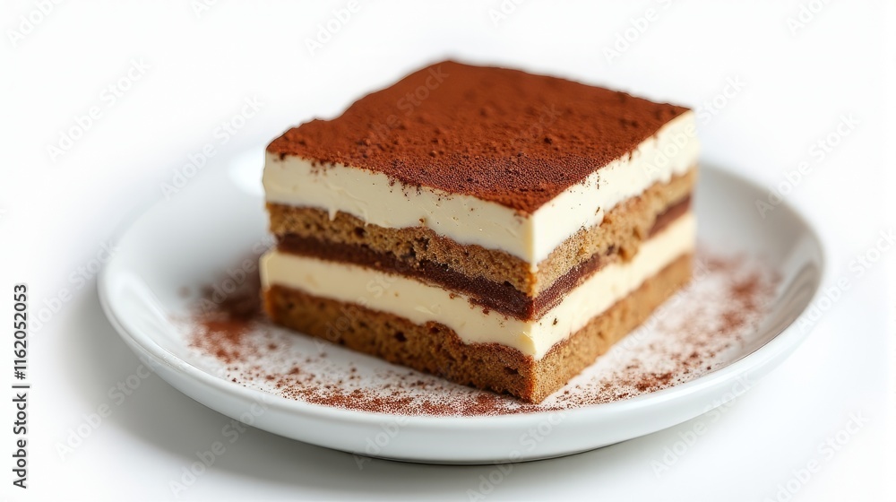 Delicious Slice of Tiramisu on a White Plate in a Studio Shot. Delicious Slice of Tiramisu on a White Plate in a Studio Shot.