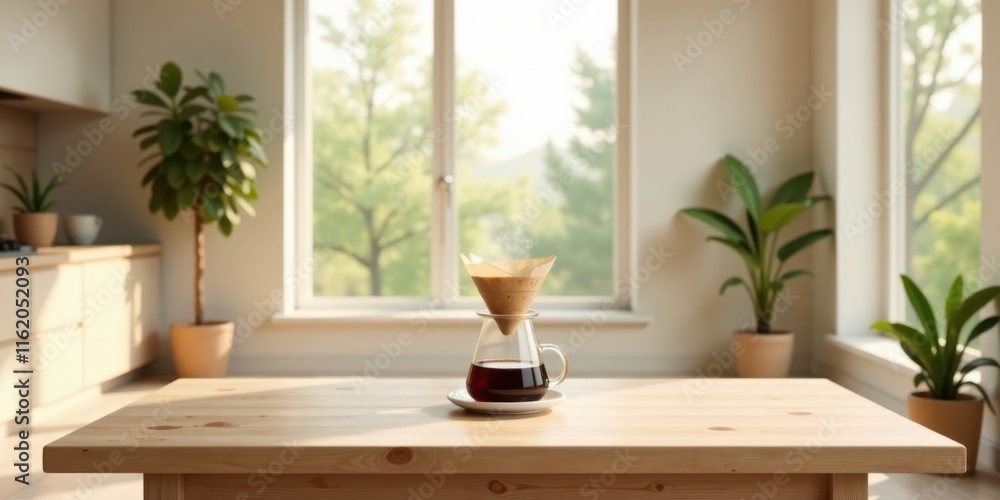 Fototapeta premium A freshly brewed cup of coffee sits on a light wooden table in a sunlit room, next to potted plants, showcasing a peaceful morning atmosphere