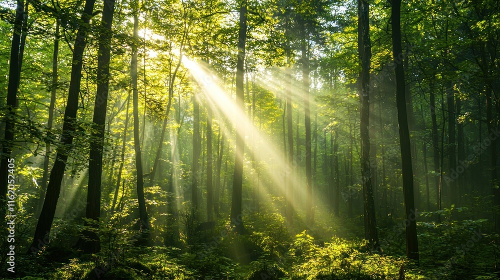 Obraz premium A dense forest with sunlight streaming through the trees, creating a magical and awe-inspiring natural wonder.