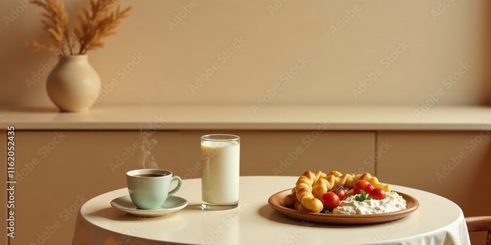 A serene morning breakfast scene featuring a steaming cup of coffee, a glass of milk, and a delightful plate of pastries with creamy dip and fresh tomatoes. A serene morning breakfast scene featuring a steaming cup of coffee, a glass of milk, and a delightful plate of pastries with creamy dip and fresh tomatoes.