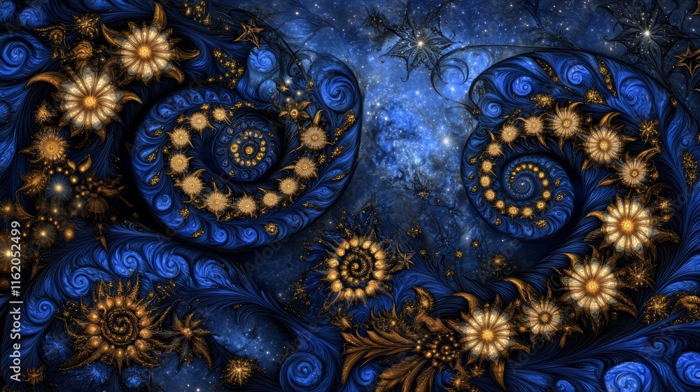 Celestial Spiral Golden Flowers in a Blue Nebula Celestial Spiral Golden Flowers in a Blue Nebula