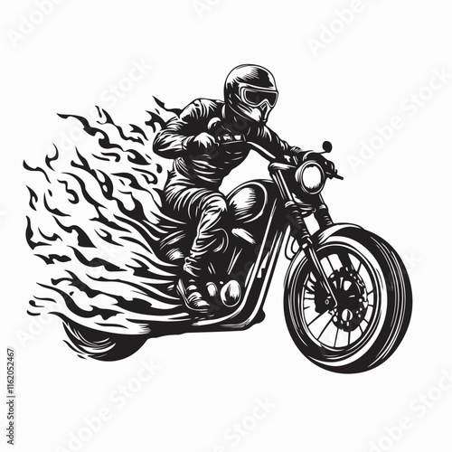 Man riding motorcycle with flames image vector illustration on white background.