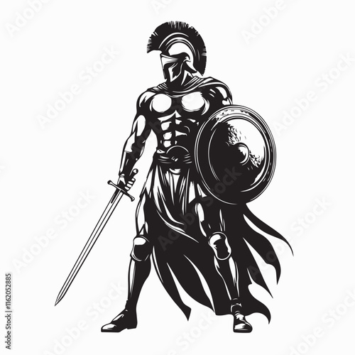 Spartan Soldier Vector Image. Spartan Warrior Silhouette Holding Shield And Sword image vector.