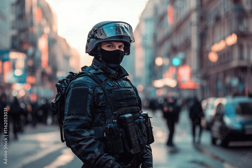 Police in riot gear, special force person tactical gear standing in an urban city environment concept of law enforcement in city Police in riot gear, special force person tactical gear standing in an urban city environment concept of law enforcement in city